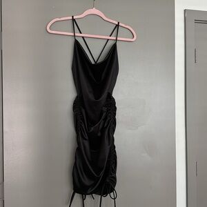 NWOT Black Satin Effect Bodycon Mini Dress with adjustable side ties, S